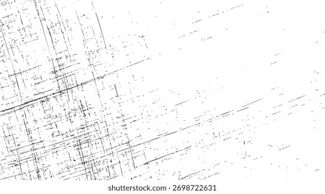 Abstrakte, bedrückte farbige Textur mit zufälligen dunkelgrauen Linien und Punkten auf weißem Hintergrund, Vektor