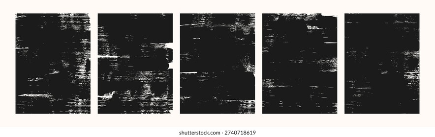 Abstract, distressed, grunge textured backgrounds. Rough background, black brushstrokes on white paper. Retro graphic overlay for design or vintage artwork. Vector.