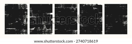Abstract, distressed, grunge textured backgrounds. Rough background, black brushstrokes on white paper. Retro graphic overlay for design or vintage artwork. Vector.