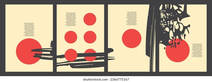 Resumen de antecedentes grises angustiados con círculos rojos y rastros de tinta negra. Colección de pancartas contemporáneas de brutalismo moderno. Ilustración vectorial artística.