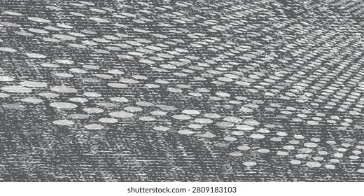 Abstract distressed halftone texture featuring white elliptical patterns arranged in a dynamic radial perspective on a gray background.