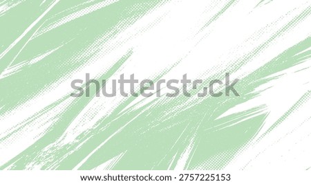 Abstract distressed light green brush stroke background with white paint splatters and halftone dots texture with graphic design