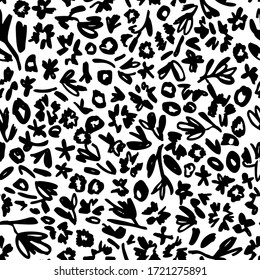 Abstract ditsy doodle seamless pattern. Sketch style flowers. Small simple floral elements. Scrawl texture ornament. Trendy flat outline design. Good for fashion design, textile, fabric and wallpaper.