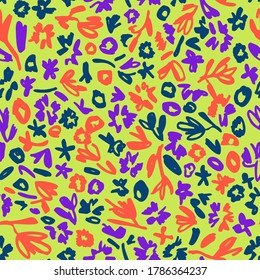 Abstract ditsy doodle seamless pattern. Sketch style flowers. Small simple floral elements. Scrawl texture ornament. Trendy flat outline design. Good for fashion design, textile, fabric and wallpaper.