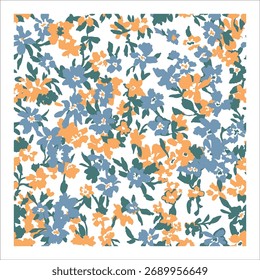 Abstrato ditsy floral padrão sem costura em um estilo moderno de pintura. Um plano de fundo vetorial vibrante em azul e laranja.