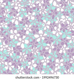 Abstract ditsy floral seamless repeat pattern. Random placed, vector flowers all over surface print on lilac purple print.