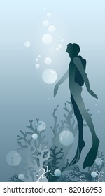 abstract diver in ocean with coral reef and bubbles