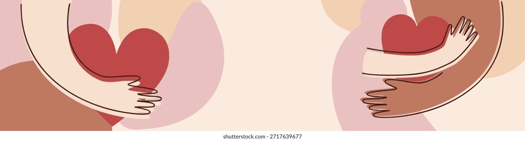 Abstrato Mãos Diversas Abraçando Corações Vermelhos Simbolizando amor próprio e cuidado Banner
