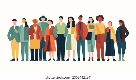 Resumen grupo de personas diversas. Los obreros o amigos están parados, abrazándose, posando juntos. Personajes de caricatura. Trabajo en equipo, unión, amistad. Vector colorido dibujado a mano.