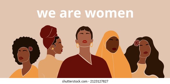 Abstract diverse women portraits in modern style. Happy International Women's Day banner. Equality, diversity and sisterhood concept. Feminism and girl power. Vector illustration