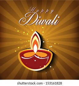Abstract Diwali card design with shiny vector diya on brown color background.
