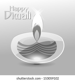 Abstract Diwali design with shiny vector glossy diya on gray color background.