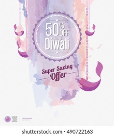 Abstract Diwali Festival Offer Template Design with Watercolor Background & Hanging Lamps - Creative Diwali Background Template with Watercolor Texture