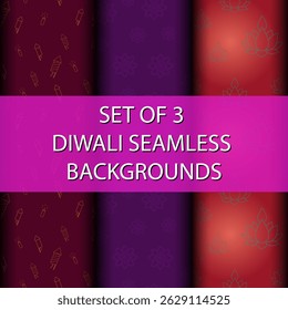 Abstract Diwali seamless backgrounds with firecrackers, lotus and mandala elements. Decorative and elegant flat patterns for festive wrapping, digital papers and cards.