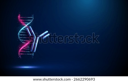 Abstract DNA double helix and antibody. Gene therapy, immunogenetics, monoclonal antibody treatment, personalized medicine, biotechnology innovation concept. Low poly digital style, wireframe. Vector