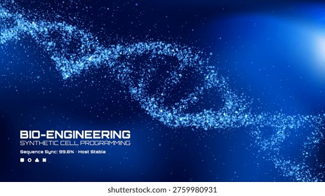 Abstract dna double helix structure formed by glowing particles on dark blue background. Genetic engineering and biotechnology concept. Scientific research data visualization and innovation.