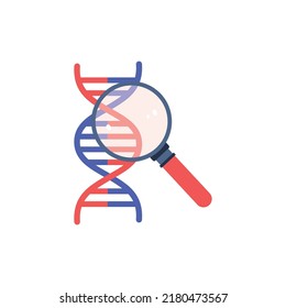 Abstrakte DNA-Helix-Forschung mit Lupe, flache Vektorgrafik einzeln auf weißem Hintergrund. Betrachtet man DNA durch Vergrößerung? Konzepte der Gentechnik und Biotechnologie.