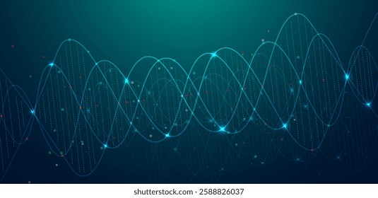 Abstract DNA and medical research with molecule in green dark background