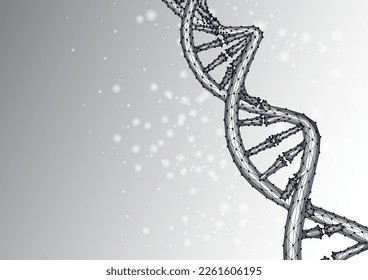 Abstract DNA molecule in glowing low polygonal style black on white background. Wireframe Helix DNA spiral structure. Genetics, biotechnology, heritage medicine concept. Vector illustration.