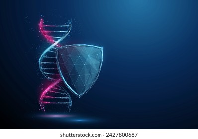 Abstract DNA molecule helix under protection of shield Medical gene editing genetic biotechnology engineering concept Low poly digital style Geometric wireframe connection structure 3d graphic Vector