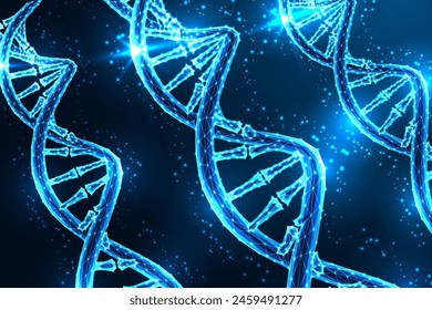 Abstrakte DNA-Stränge auf dunkelblauem Hintergrund. Genetische Forschung, Innovation, wissenschaftliche Erkundung futuristisches Konzept in glühendem niedrigen polygonalen Stil. Moderne abstrakte Design-Vektorillustration.