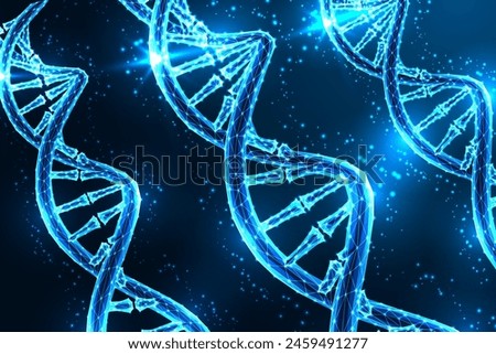 Abstract DNA strands on a dark blue background. Genetic research, innovation, scientific exploration futuristic concept in glowing low polygonal style. Modern abstract design vector illustration.