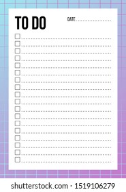 Abstract To Do List template with check and place for date and notes. Blank planner with notes on neon gradient background. Gradient organizer design. Checklist A4 template. Vector illustration