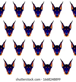 Abstract doberman dog head  seamless pattern background. Graphic cartoon doberman dog portrait painted in imaginary colors for design card, invitation, banner, book, scrapbook, t-shirt, poster etc.