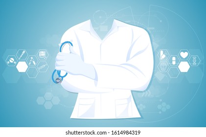 Abstract doctor close up in hospital gown lab coat uniforms with holding stethoscope concept health and medical on blue background.