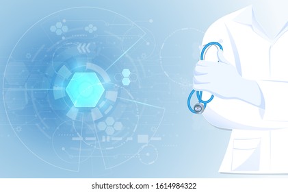 Abstract doctor close up in hospital gown lab coat uniforms with holding stethoscope concept health and medical on blue background.