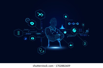 Abstracto Doctor wireframe concepto de interfaz digital y holograma Análisis de datos médicos En forma visual Futuro moderno, Medicina que usa inteligencia artificial en el procesamiento y tratamiento del futuro.