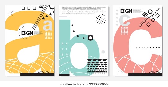 Abstract document design template with colorful letters and various geometric shapes and elements. Brochure or banner layout. Vector illustration cover idea.