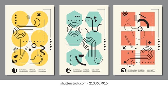 Abstract document templates made from geometric shapes. Brochure covers, artistic design elements, Memphis style abstractions set. Vector illustration.