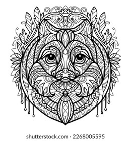 Abstract dog with decorative ornaments and doodle elements. Close up pomeranian dog head. Vector illustration. For adult antistress coloring page, print, design, decor, T-shirt, emblem, tattoo
