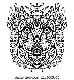 Abstract dog with decorative ornaments and doodle elements. Close up pitbull dog head. Vector illustration. For adult antistress coloring page, print, design, decor, T-shirt, emblem, tattoo, embrodery