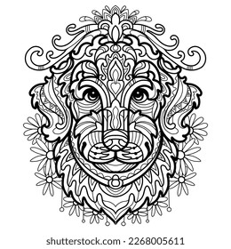 Abstract dog with decorative ornaments and doodle elements. Close up retriever dog head. Vector illustration. For adult antistress coloring page, print, design, decor, emblem, tattoo, embrodery