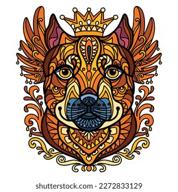 Abstract dog with decorative ornaments and doodle elements. Close up pitbull dog head. Vector illustration. For print, design, decor, T-shirt, emblem, tattoo, embrodery and puzzle