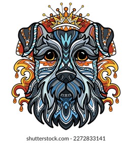 Abstract dog with decorative ornaments and doodle elements. Close up Schnauzer dog head. Vector illustration. For print, design, decor, T-shirt, emblem, tattoo, embrodery and puzzle