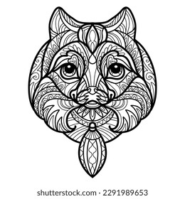 Abstract dog with decorative ornaments and doodle elements. Close up Pomeranian dog head. Vector illustration. For adult antistress coloring page, print, design, decor, T-shirt, tattoo, embrodery