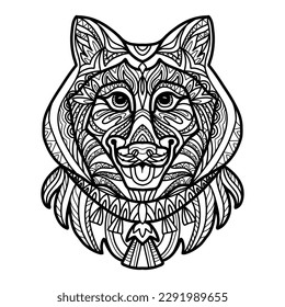 Abstract dog with decorative ornaments and doodle elements. Close up husky dog head. Vector illustration. For adult antistress coloring page, print, design, decor, T-shirt, emblem, tattoo, embrodery