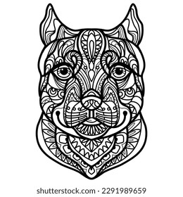 Abstract dog with decorative ornaments and doodle elements. Close up pitbull dog head. Vector illustration. For adult antistress coloring page, print, design, decor, T-shirt, emblem, tattoo, embrodery