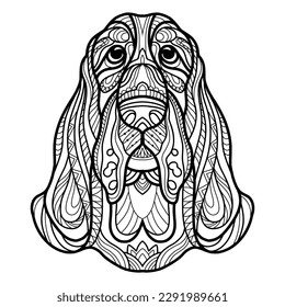 Abstract dog with decorative ornaments and doodle elements. Close up basset hound dog head. Vector illustration. For adult antistress coloring page, print, design, decor, T-shirt, tattoo, embrodery