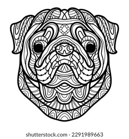 Abstract dog with decorative ornaments and doodle elements. Close up pug dog head. Vector illustration. For adult antistress coloring page, print, design, decor, T-shirt, emblem, tattoo, embrodery