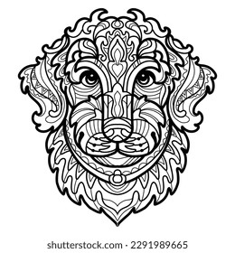 Abstract dog with decorative ornaments and doodle elements. Close up retriever dog head. Vector illustration. For adult antistress coloring page, print, design, decor, T-shirt, tattoo, embrodery