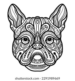 Abstract dog with decorative ornaments and doodle elements. Close up french bulldog dog head. Vector illustration. For adult antistress coloring page, print, design, decor, T-shirt, tattoo, embrodery