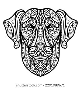 Abstract dog with decorative ornaments and doodle elements. Close up labrador dog head. Vector illustration. For adult antistress coloring page, print, design, decor, T-shirt, tattoo, embrodery