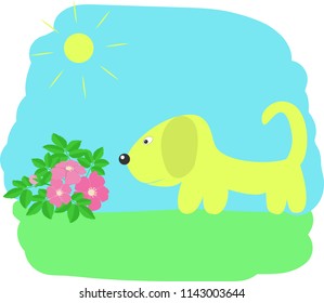 Abstract dog in a flat style with rose hips