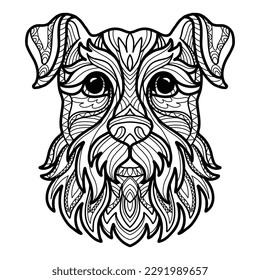 Abstract dog head with decorative ornaments and doodle elements. Close up Schnauzer dog. Vector illustration. For adult antistress coloring page, print, design, decor, T-shirt, tattoo and embrodery