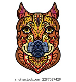 Abstract dog head with decorative ornaments and doodle elements. Close up Pitbull dog. Vector illustration. For puzzle, print, decor, T-shirt design, mosaic, tattoo and embrodery