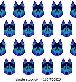 Abstract dog head isolated on white. Graphic cartoon husky dog portrait painted in imaginary colors for design card, invitation, banner, book, scrapbook, t-shirt, poster, sketchbook, album etc.